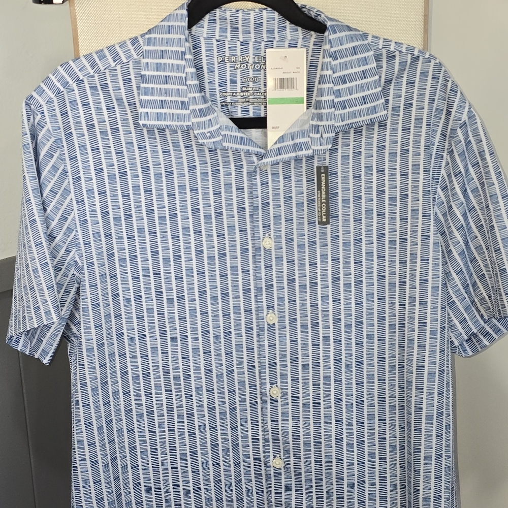 Perry Ellis Motion Blue and White Striped Casual Shirt